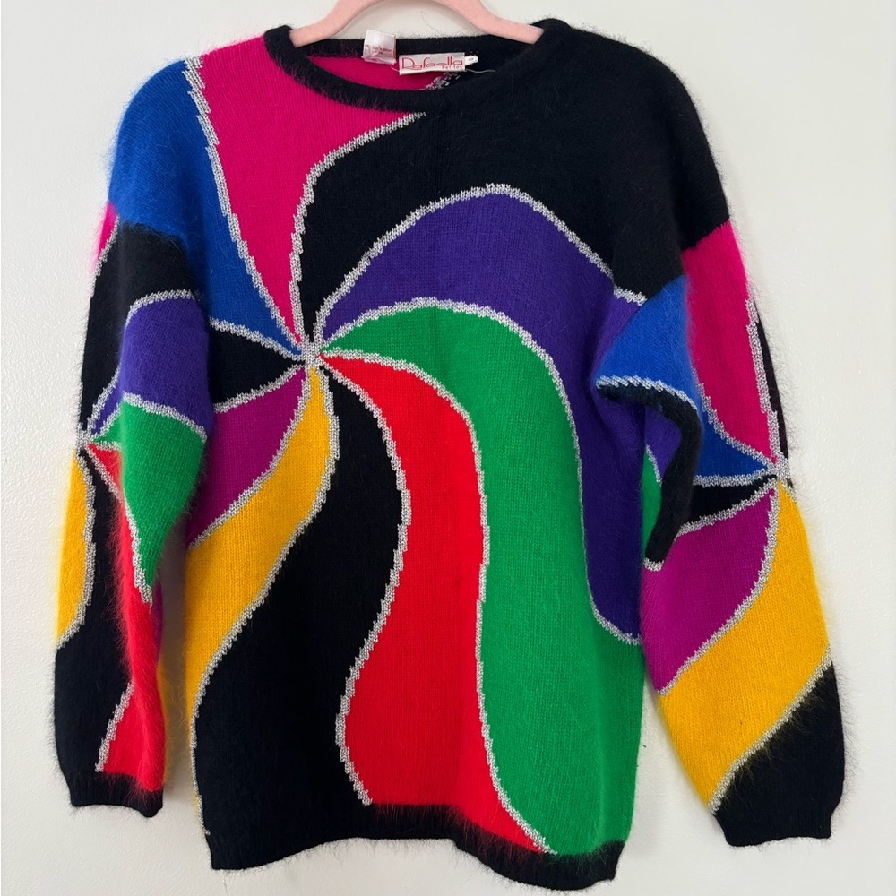 Vintage Rafaella Small Petite Angora/Lambs Wool Blend Sweater Funky Swirl Bold